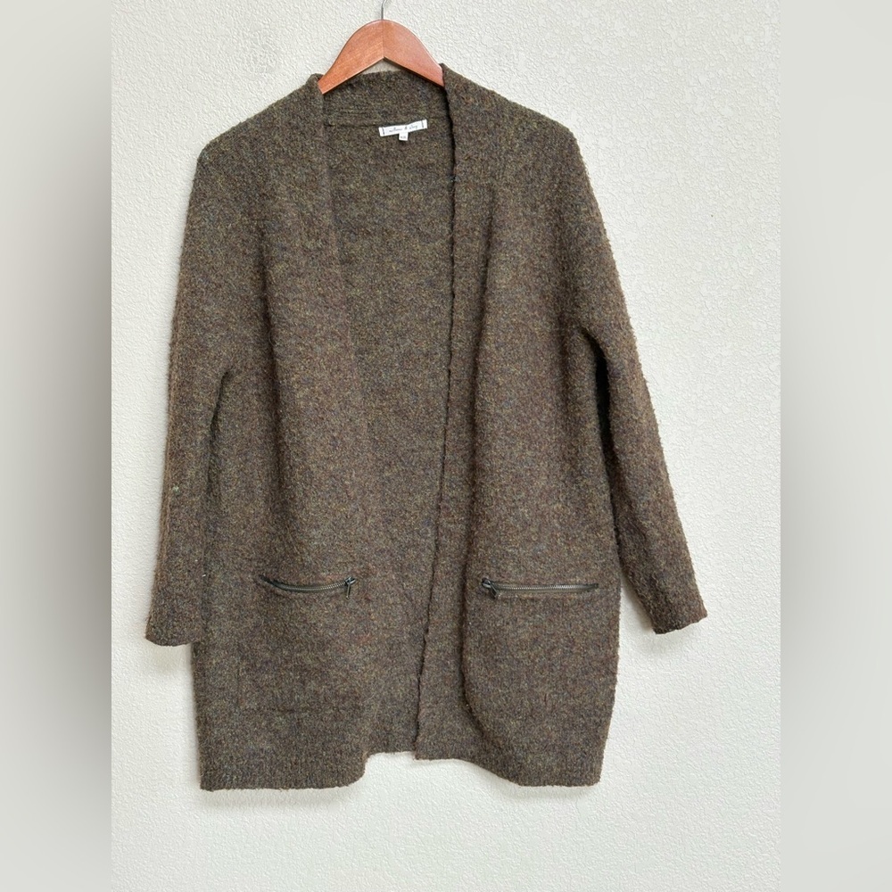 Willow & Clay Brown Olive Green Boucle Cardigan Jacket Women’s XS Zip Pockets - Picture 1 of 6